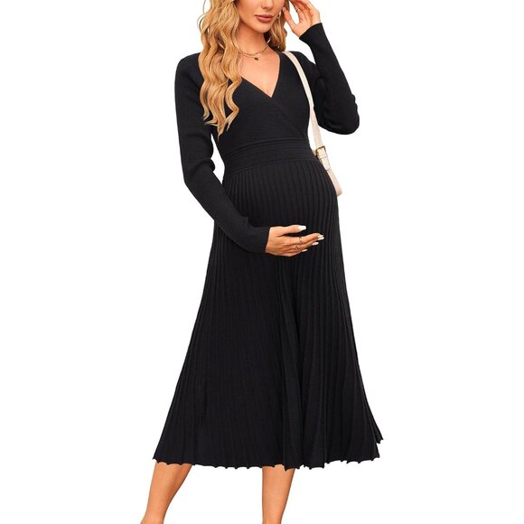 Women's Maternity Dress Long Sleeve Wrap V Neck Pleated Baby Shower Midi - Picture 1 of 7